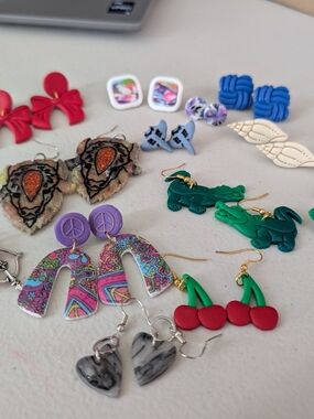 Colorful Handmade Polymer Clay Earring Set – Green, Red, Purple, Blue
